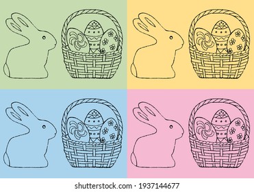 Chocolate Easter bunny and eggs in a basket in doodle style . Sketch. Hand Drawn. Printing for wrapping paper.