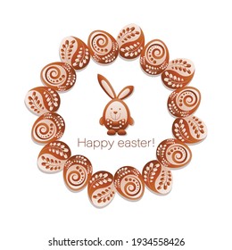 Chocolate Easter bunny. Happy easter. Easter frame. Design postcard with rabbit in circle of eggs 