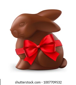 Chocolate easter bunny with red bow on white background. Vector illustration ready and simple to use for your design. 