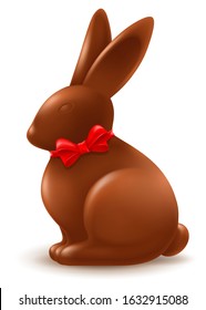 Chocolate easter bunny with red bow. Sweet and tasty gift for easter holiday. Isolated on white background. Vector illustration.