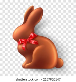 Chocolate Easter Bunny With Red Ribbon Bow On Transparent Background. Realistic Vector Of Chocolate Easter Bunny For Easter Day.Vector Illustration Eps 10