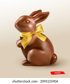 Chocolate easter bunny with yellow ribbon bow on beige background. Realistic vector illustration of chocolate Easter bunny. Easter card or poster.