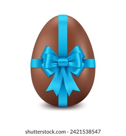 Chocolate Easter egg with blue bow or ribbon, on a white background, design element for Happy Easter.