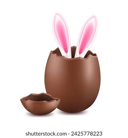 Chocolate Easter egg, broken and cracked eggshell with bunny ears on a white background, realistic sweet dessert, design element for Happy Easter.
