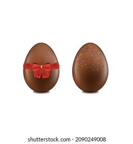 Huevo de Pascua de Chocolate con espolvorines coloridos y arco de cinta roja aislado en fondo blanco. Elementos de ilustración de vectores 3D para decoloración