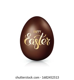 Chocolate easter egg with golden lettering happy easter isolated on white background. Dark chocolate egg. Holiday greeting card design element. Vector realistic illustration