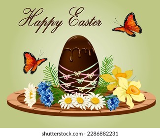 Chocolate Easter egg in illustration.Vector illustration with a large chocolate Easter egg, flowers and butterflies on a colored background with text.