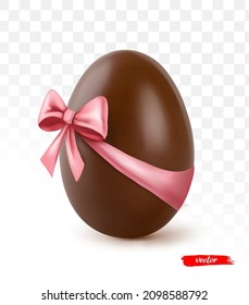 Chocolate Easter egg with pink ribbon bow isolated on transparent background. Realistic vector illustration of chocolate egg.