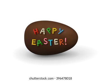 Chocolate Easter egg with plasticine inscription Happy Easter! lying on a white background.
