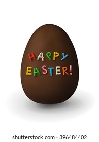 Chocolate Easter egg with plasticine inscription Happy Easter! on a white background.
