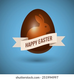 Chocolate Easter egg with rabbit and ribbon, isolated vector illustration icon on a blue background.