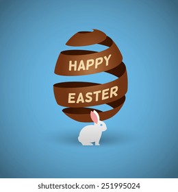 Chocolate Easter egg ribbon and cartoon rabbit, isolated vector illustration icon on a white background.