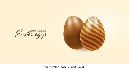 Chocolate Easter eggs, banner, realistic 3d . Vector illustration on transparent background