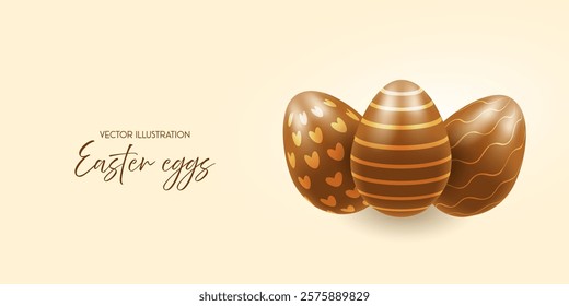 Chocolate easter eggs, banner, realistic 3d. Vector illustration on transparent background