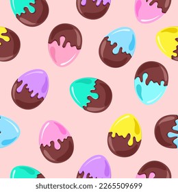 chocolate Easter eggs with bright multicolor glaze on pink background. Seamless pattern.  Texture for fabric, wrapping, wallpaper. Decorative print. Vector illustration 