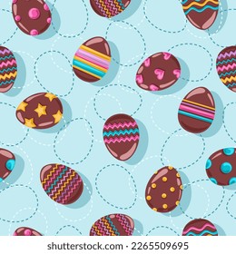 Chocolate Easter eggs with bright ornament on a blue background. Seamless pattern.  Texture for fabric, wrapping, wallpaper. Decorative print. Vector illustration 