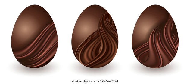 Chocolate Easter eggs isolated. Set of  milk chocolate eggs  with dark brown swirl decor. Elements on white background. Vector illustration