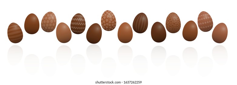 Chocolate Easter eggs. Lined up with different chocolate and patterns, dark, light and milk chocolate. Three-dimensional isolated vector illustration on white background.
