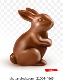 Chocolate Easter Rabbit on transparent background. Realistic vector illustration of chocolate Easter bunny. Easter card or poster.