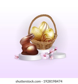 Chocolate Easter realistic bunny on the catwalk with golden eggs and flowers.Basket of eggs on the catwalk. Vector illustration of Easter greetings is ready and easy to use for your design.