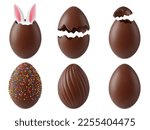 Chocolate easter realistic eggs. 3d egg surprise, easter children cracked chocolates candy. Broken symbol with bunny ears, pithy vector set