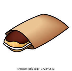 A chocolate eclair in a brown bag to go.