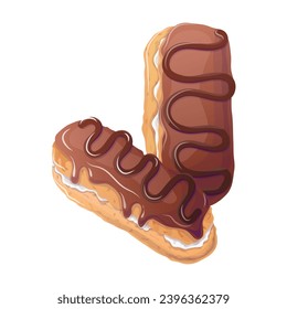 Chocolate eclairs in cartoon style. Vector illustration for poster, banner, website, advertisement. Vector illustration with colorful sweet dessert.