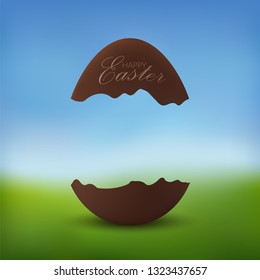 Chocolate egg 3D Happy Easter text. Broken brown Easter egg, blurred green grass field, blue sky meadow background. Natural design spring hunt decoration. Delicious holiday dessert Vector illustration