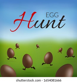 Chocolate egg 3D Happy Easter. Egg Hunt text. Running brown Easter egg, blurred green grass field, blue sky meadow background. Design spring hunt decoration. Holiday dessert Vector illustration