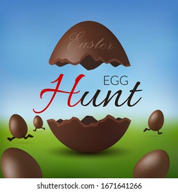 Chocolate egg 3D Happy Easter. Egg Hunt text. Broken brown Easter egg, blurred green grass field, blue sky meadow background. Design spring hunt decoration. Holiday dessert Vector illustration