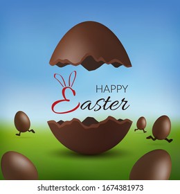 Chocolate egg 3D Happy Easter text. Broken brown Easter egg, blurred green grass field, blue sky meadow background. Natural design spring hunt decoration Delicious holiday dessert Vector illustration