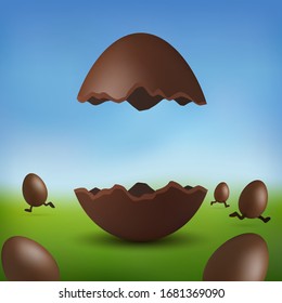 Chocolate egg 3D Happy Easter. Broken brown Easter egg, running eggs, blurred green grass field, blue sky meadow background. Design hunt decoration Delicious holiday dessert Vector illustration