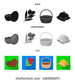 Chocolate egg, bells, basket and flowers.Easter set collection icons in black, flat, monochrome style vector symbol stock illustration web.