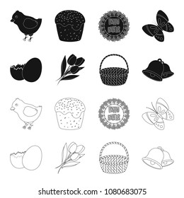 Chocolate egg, bells, basket and flowers.Easter set collection icons in black,outline style vector symbol stock illustration web.