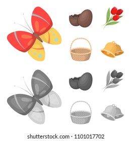 Chocolate egg, bells, basket and flowers.Easter set collection icons in cartoon,monochrome style vector symbol stock illustration web.