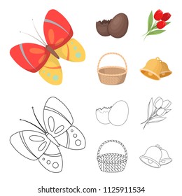 Chocolate egg, bells, basket and flowers.Easter set collection icons in cartoon,outline style vector symbol stock illustration web.