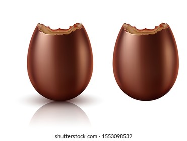 Chocolate egg bitten realistic vector illustration. Easter chocolate sweets in eggs shape with reflection and shadow, isolated on white background