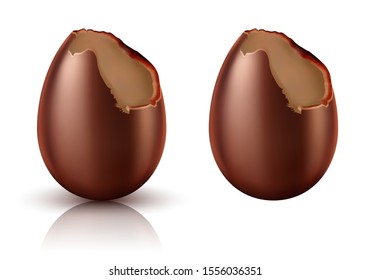 Chocolate egg bitten realistic vector illustration. Easter chocolate sweets in eggs shape with reflection and shadow, isolated on white background