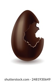 Chocolate egg. Broken, exploded eggshell. Kids confectionery, candy with surprise. Restaurant, cafe menu design. Vector dessert made of dark cocoa