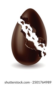 Chocolate egg. Broken, exploded eggshell. Kids confectionery, candy with surprise. Restaurant, cafe menu design. Vector dessert made of dark cocoa