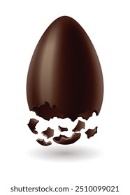 Chocolate egg. Broken, exploded eggshell. Kids confectionery, candy with surprise. Restaurant, cafe menu design. Vector dessert made of dark cocoa