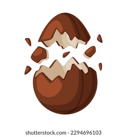 Chocolate egg bursting into pieces. Tasty sweet dessert cartoon vector illustration