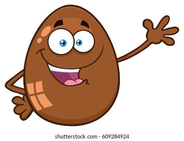 Chocolate Egg Cartoon Mascot Character Waving For Greeting. Vector Illustration Isolated On White Background