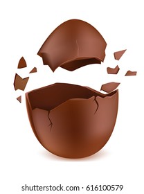 Chocolate egg explosion. Easter egg. Chocolate egg surprise broken on two sides, pieces of crushed chocolate. Vector illustration.