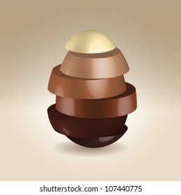 Chocolate egg made of various color chocolate slices over light background