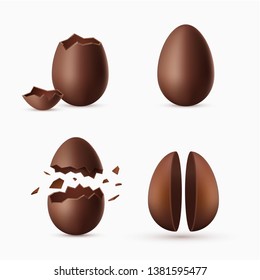 Chocolate egg realistic set, traditional sweet dessert. Symbol and celebration of Easter decoration. Vector different egg illustration