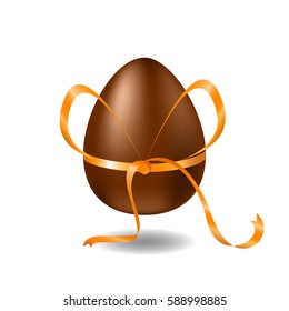 Chocolate egg with ribbon and shadow. Happy Easter vector illustration on white background. Sweet milk chocolate egg with golden bow. Easter egg present with surprise. Sweet Easter egg illustration