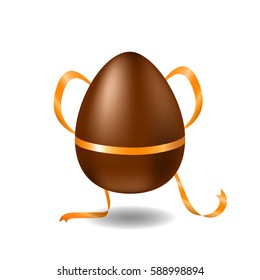 Chocolate egg with ribbon and shadow. Happy Easter vector illustration on white background. Sweet milk chocolate egg with golden bow. Easter egg present with surprise. Chocolate Easter egg clipart