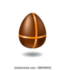 Chocolate egg with ribbon and shadow. Happy Easter vector illustration on white background. Sweet milk chocolate egg with golden wrap. Easter egg present with surprise. Sweet Easter egg illustration