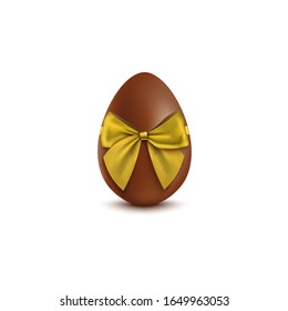Chocolate egg tied with golden bow mockup, realistic vector illustration isolated on white background. Sweet childrens surprise for Easter holidays - template.